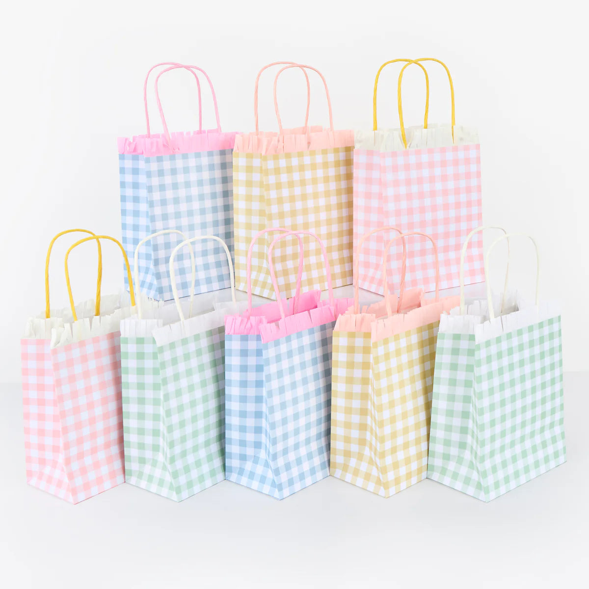 Meri Meri Gingham Fringe Party Bags set of eight in pastel gingham colors