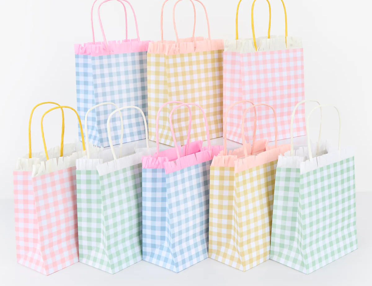 Meri Meri Gingham Fringe Party Bags set of eight in pastel gingham colors