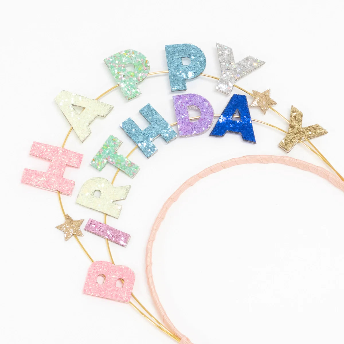 Meri Meri Happy Birthday Glitter Headband lying flat, showing the glitter letters and gold stars