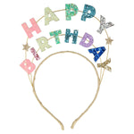 Meri Meri Happy Birthday Glitter Headband, a gold headband with rainbow glitter letters spelling Happy Birthday