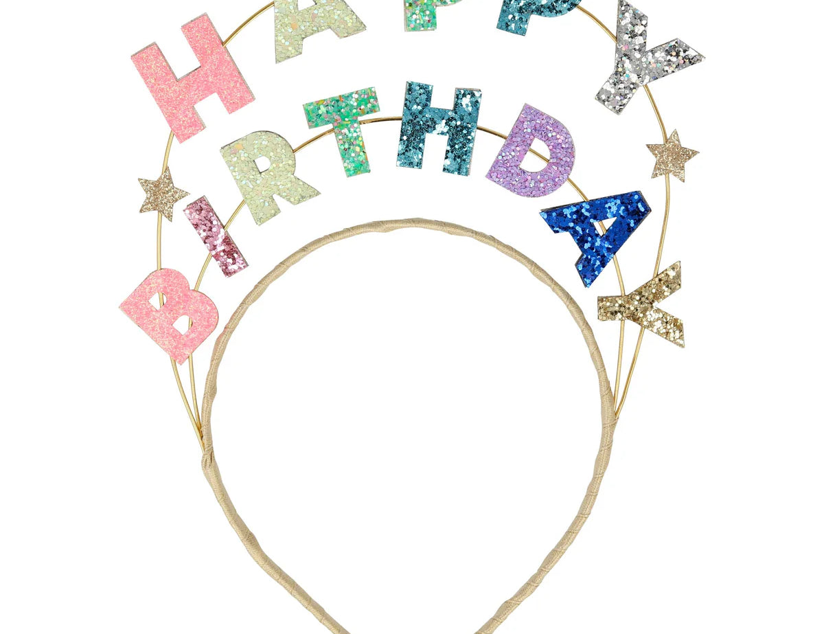 Meri Meri Happy Birthday Glitter Headband, a gold headband with rainbow glitter letters spelling Happy Birthday