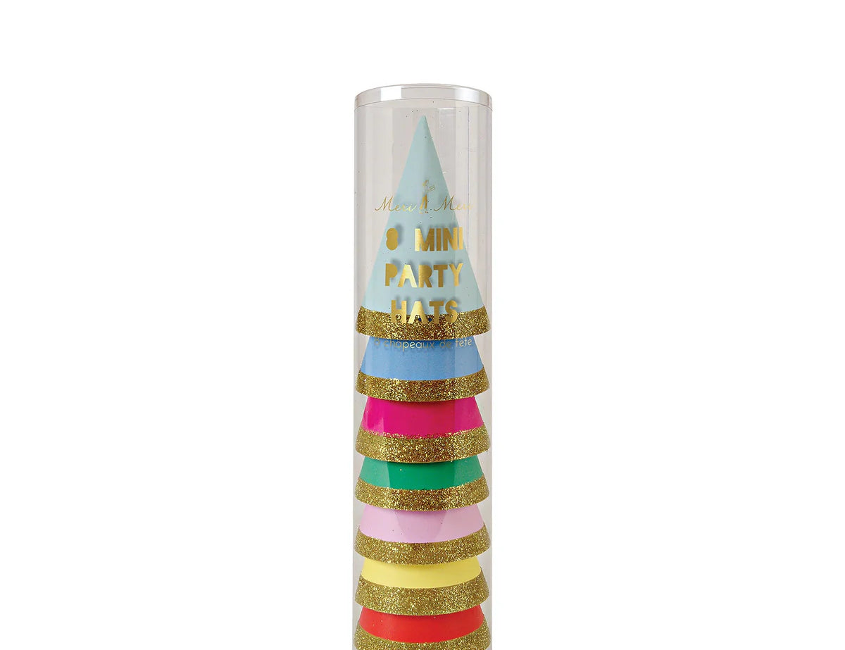 Meri Meri Multi Color Party Mini Hats stacked in a clear tube package