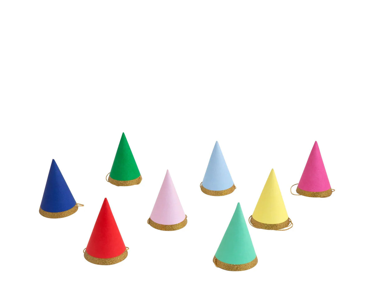 Meri Meri Multi Color Party Mini Hats, eight tiny cone hats in rainbow colors with gold trim