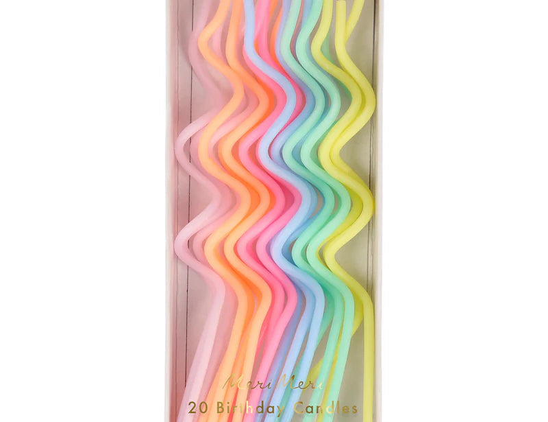 Meri Meri Pastel Swirly Candles, twenty wavy birthday candles in pastel rainbow colors in a box