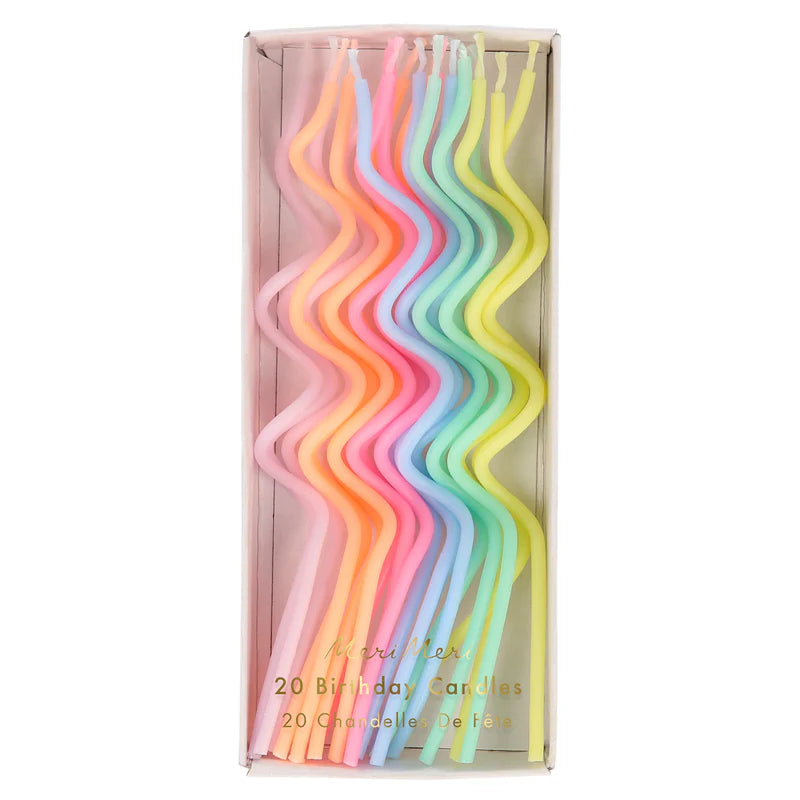 Meri Meri Pastel Swirly Candles, twenty wavy birthday candles in pastel rainbow colors in a box