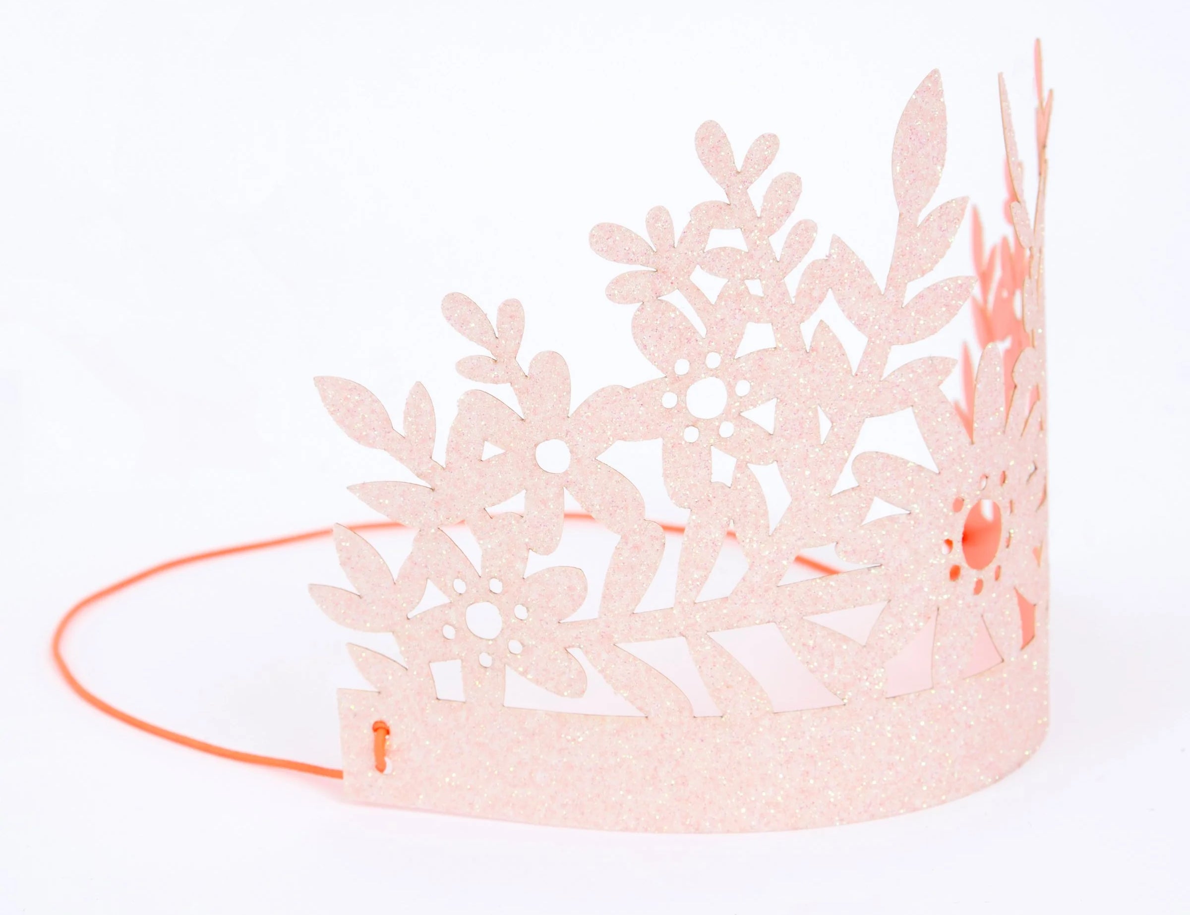 Meri Meri Pink Glitter Party Crown shown flat with its elastic band