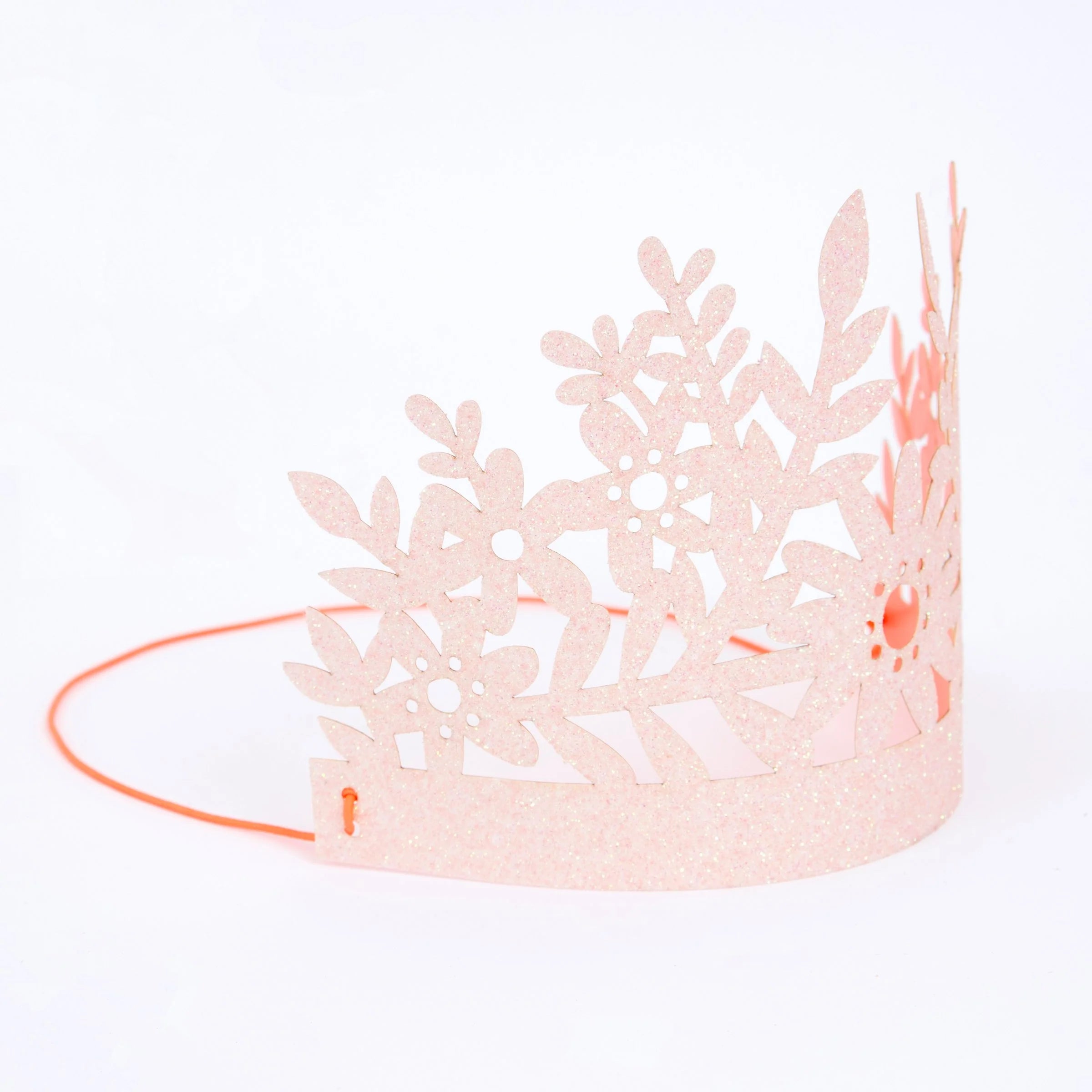 Meri Meri Pink Glitter Party Crown shown flat with its elastic band