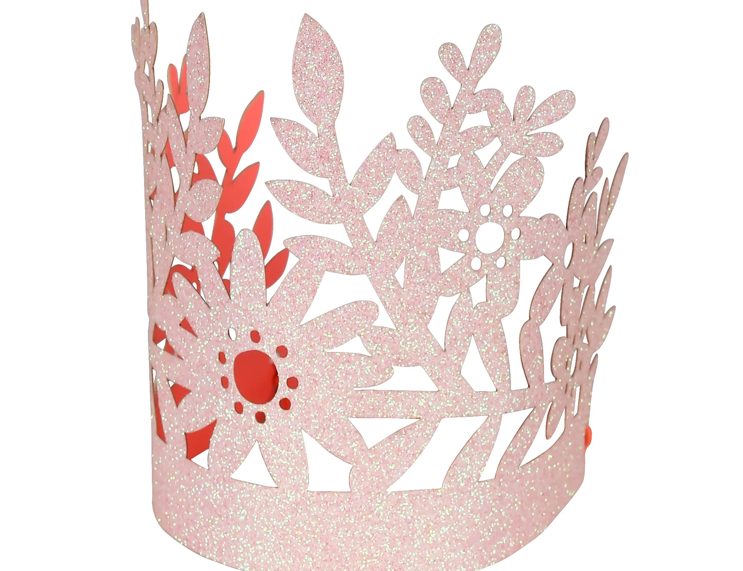 Meri Meri Pink Glitter Party Crown, a pink glitter paper crown with a cut-out floral design