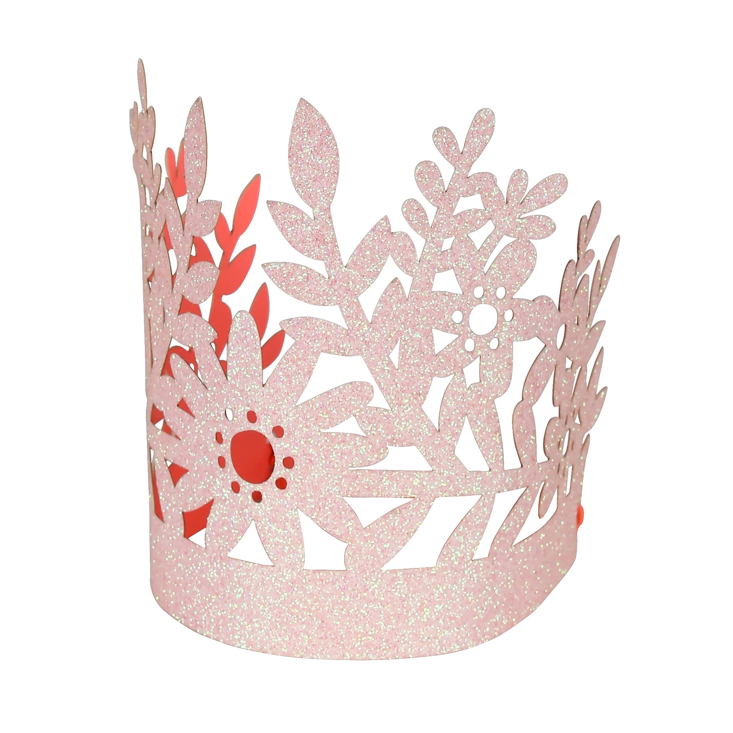 Meri Meri Pink Glitter Party Crown, a pink glitter paper crown with a cut-out floral design