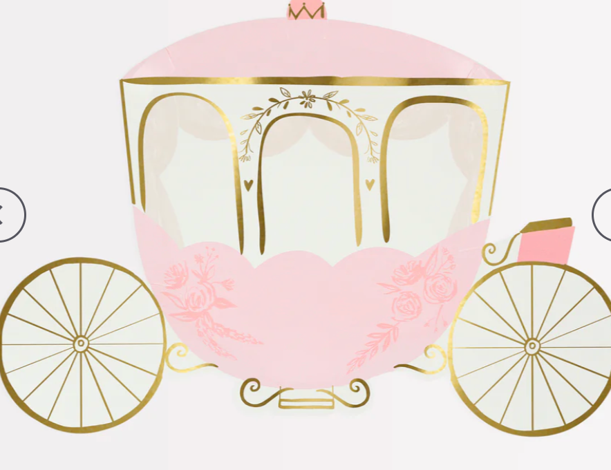 Meri Meri Princess Carriage Plate, a pink and gold carriage-shaped paper plate