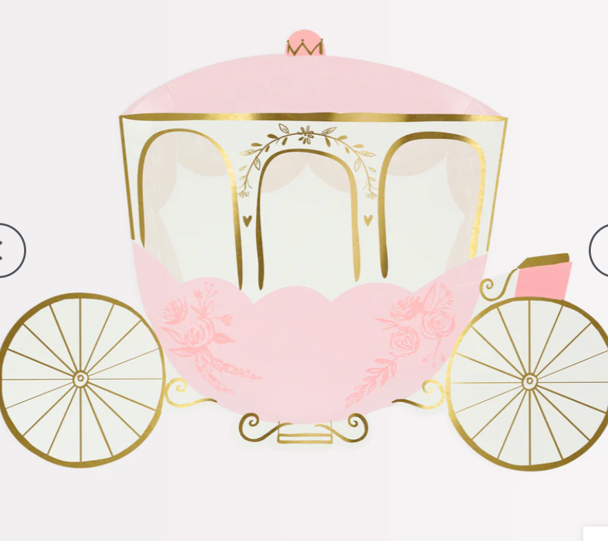 Meri Meri Princess Carriage Plate, a pink and gold carriage-shaped paper plate