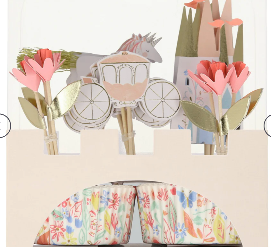 Meri Meri Princess Cupcake Kit with carriage, horse and flower toppers and floral cupcake wrappers