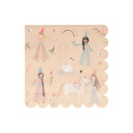 Meri Meri Princess Large Napkin, a peach scalloped napkin with illustrated princesses, swans and unicorns