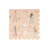 Meri Meri Princess Large Napkin, a peach scalloped napkin with illustrated princesses, swans and unicorns