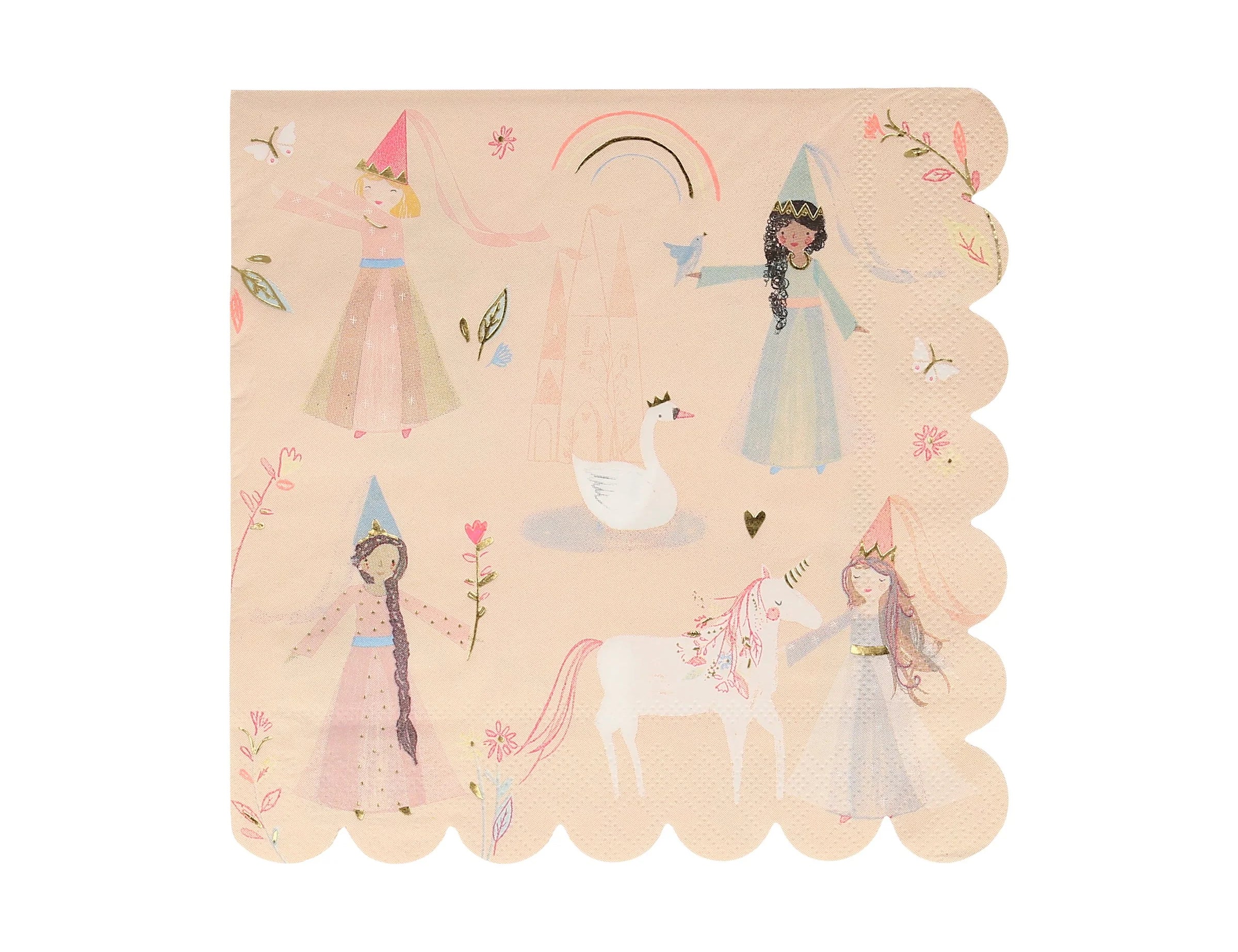 Meri Meri Princess Large Napkin, a peach scalloped napkin with illustrated princesses, swans and unicorns