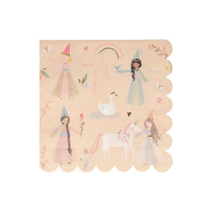 Meri Meri Princess Large Napkin, a peach scalloped napkin with illustrated princesses, swans and unicorns