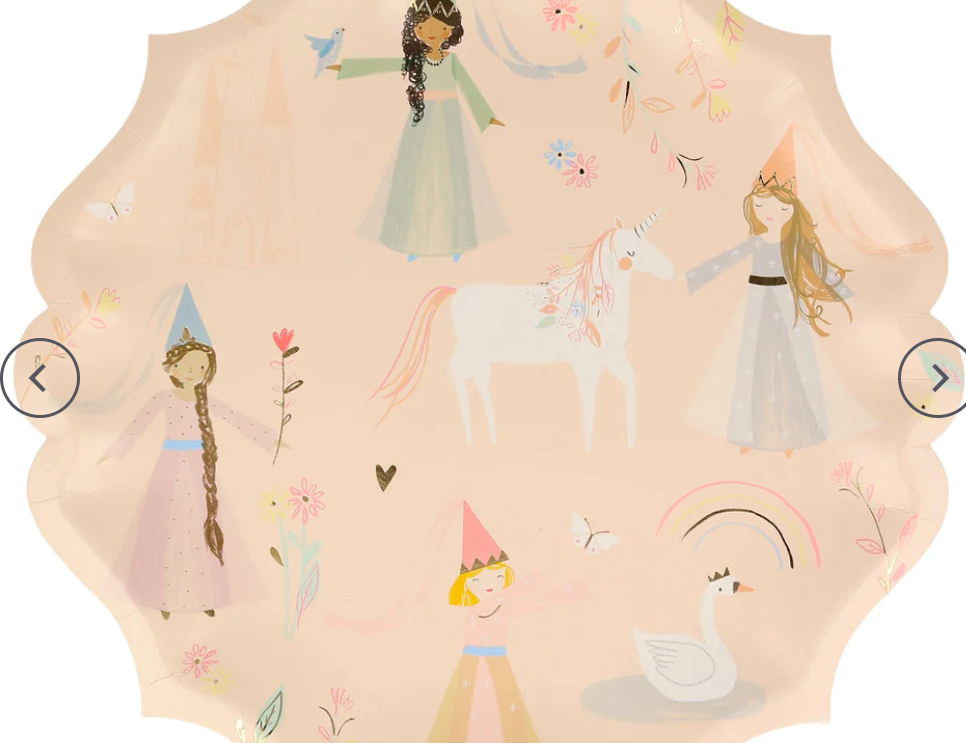 Meri Meri Princess Large Plate, a peach scalloped paper plate with illustrated princesses and unicorns