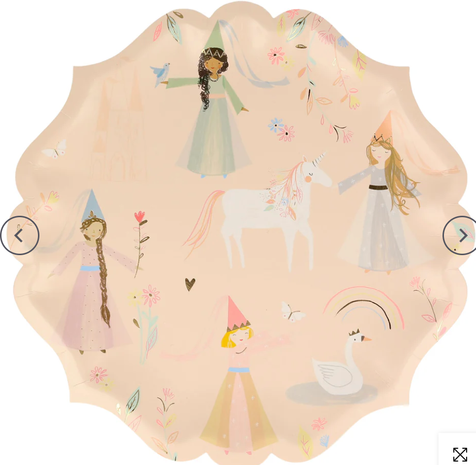 Meri Meri Princess Large Plate, a peach scalloped paper plate with illustrated princesses and unicorns