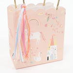 Close-up of the unicorn, castle and rainbow print on the Meri Meri Princess Party Bag