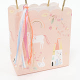 Close-up of the unicorn, castle and rainbow print on the Meri Meri Princess Party Bag