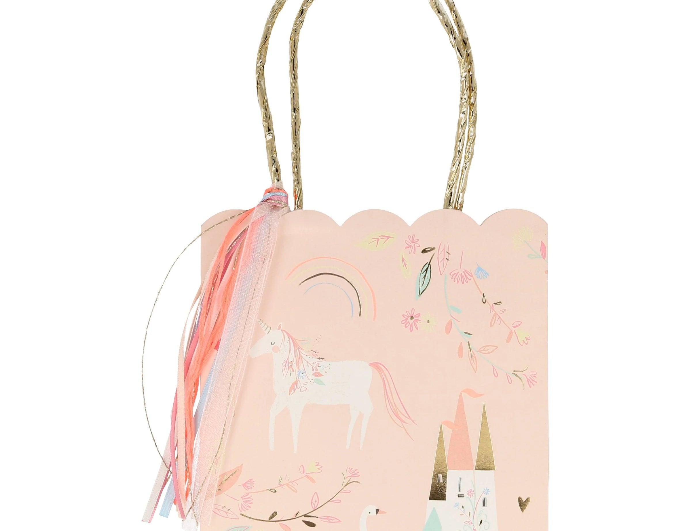 Meri Meri Princess Party Bag, front view of the peach scalloped bag with a unicorn and castle