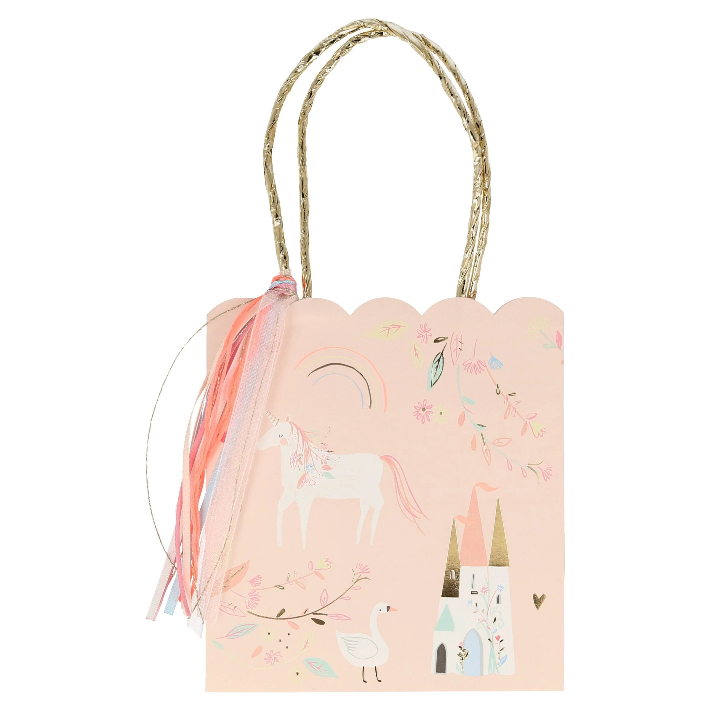 Meri Meri Princess Party Bag, front view of the peach scalloped bag with a unicorn and castle