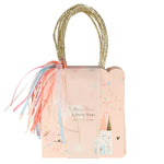 Meri Meri Princess Party Bag, a peach bag with a princess and castle print, gold handles and ribbon tassels