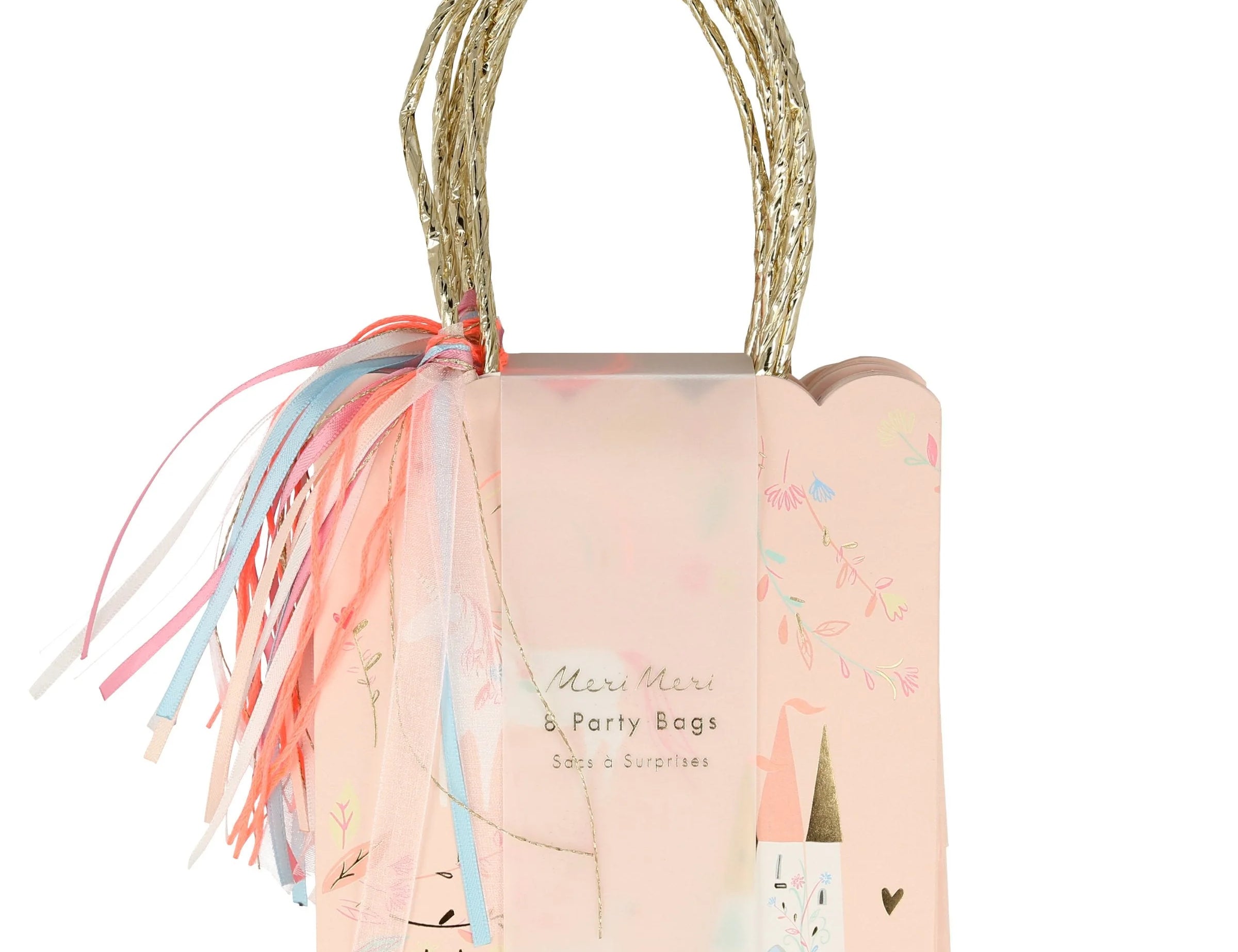 Meri Meri Princess Party Bag, a peach bag with a princess and castle print, gold handles and ribbon tassels