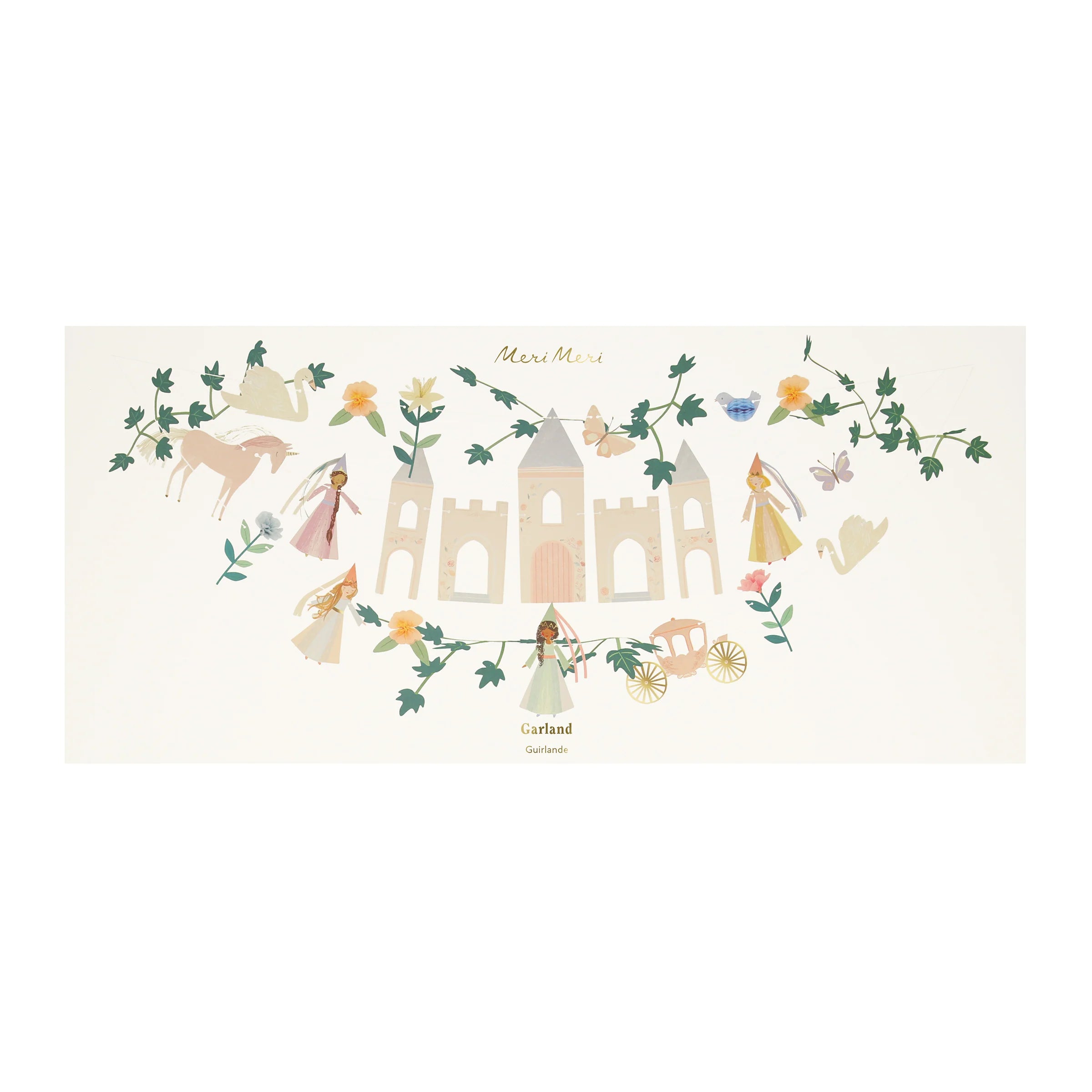 Meri Meri Princess Party Garland in its box showing the castle and floral pieces