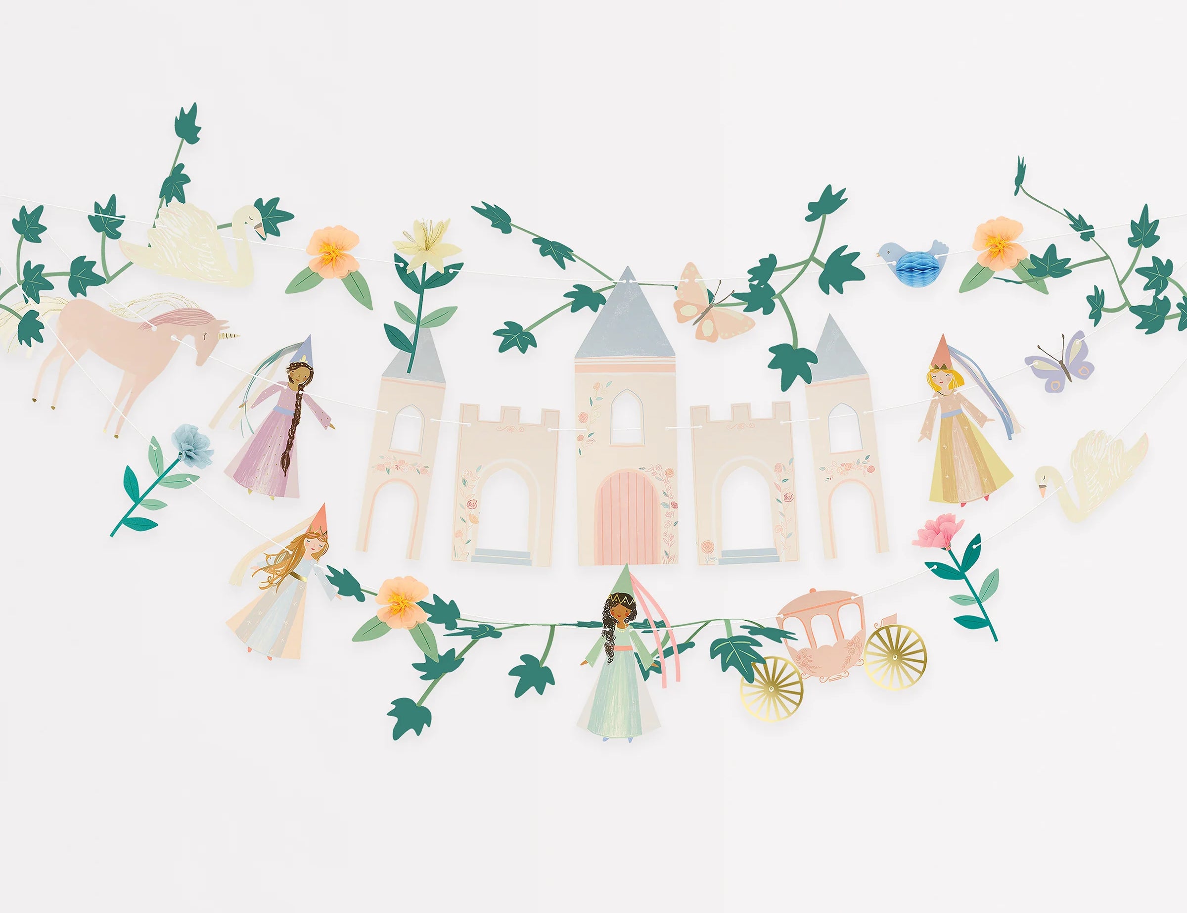 Meri Meri Princess Party Garland with a paper castle, princesses, unicorns and flower vines