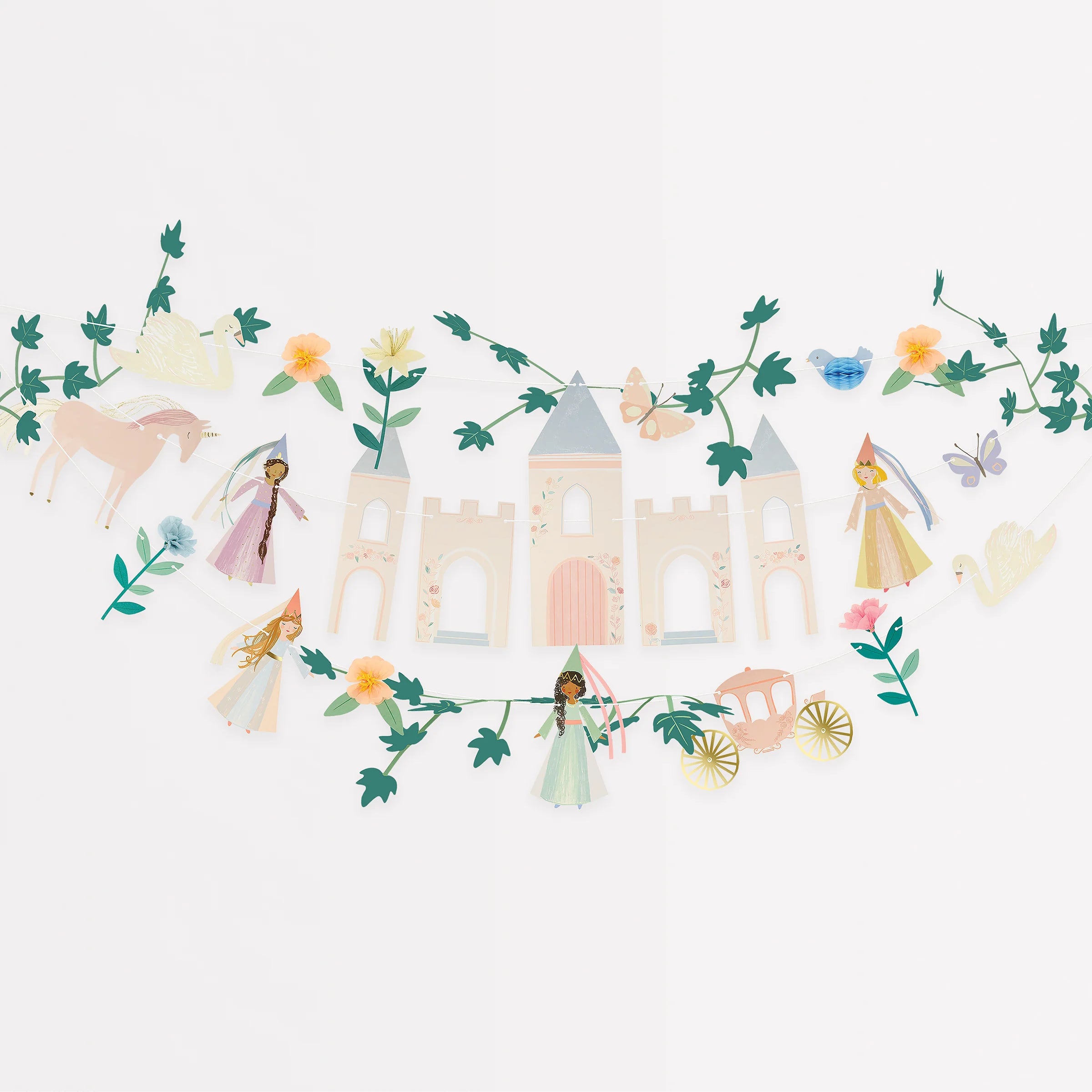 Meri Meri Princess Party Garland with a paper castle, princesses, unicorns and flower vines