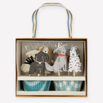 Meri Meri Puppy Cupcake Kit in its box with dog toppers and blue cupcake wrappers