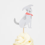 Meri Meri Puppy Cupcake Kit gray dog topper with a red collar on a frosted cupcake