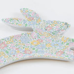 Meri Meri Reusable Bunny Plates in pastel floral stacked on a white surface