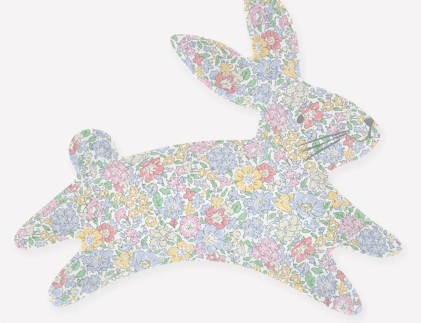 Meri Meri Reusable Bunny Plate, a leaping bunny-shaped plate in a pastel floral print