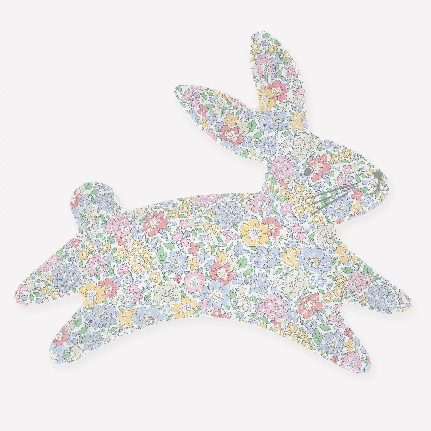 Meri Meri Reusable Bunny Plate, a leaping bunny-shaped plate in a pastel floral print