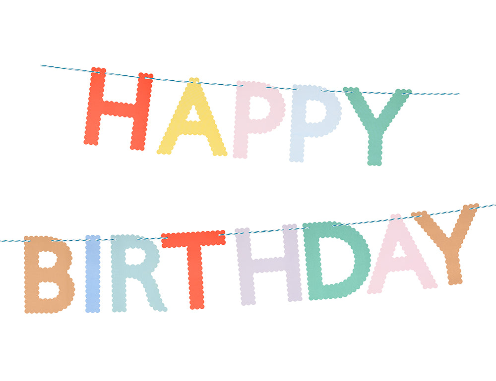 Meri Meri Scallop Bright Happy Birthday Garland with colorful scalloped letters on a string