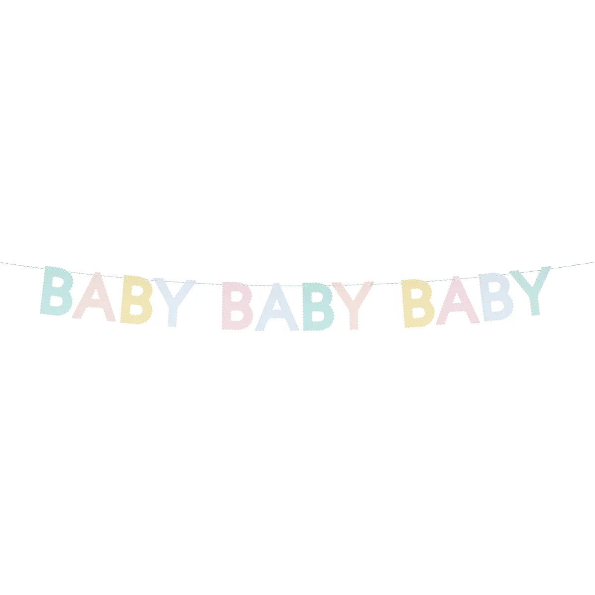 Meri Meri Scallop Edge Baby Garland with pastel scalloped letters spelling Baby Baby Baby