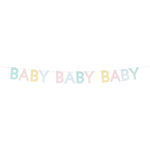 Meri Meri Scallop Edge Baby Garland with pastel scalloped letters spelling Baby Baby Baby