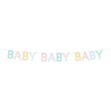 Meri Meri Scallop Edge Baby Garland with pastel scalloped letters spelling Baby Baby Baby