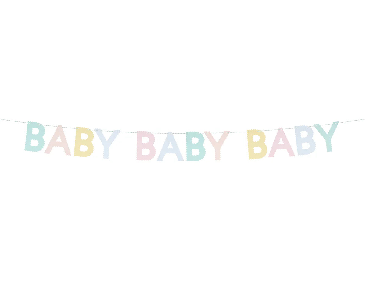 Meri Meri Scallop Edge Baby Garland with pastel scalloped letters spelling Baby Baby Baby