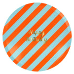 Meri Meri Stripe Happy Birthday Dinner Plate in blue and red stripes with gold lettering