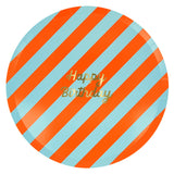 Meri Meri Stripe Happy Birthday Dinner Plate in blue and red stripes with gold lettering