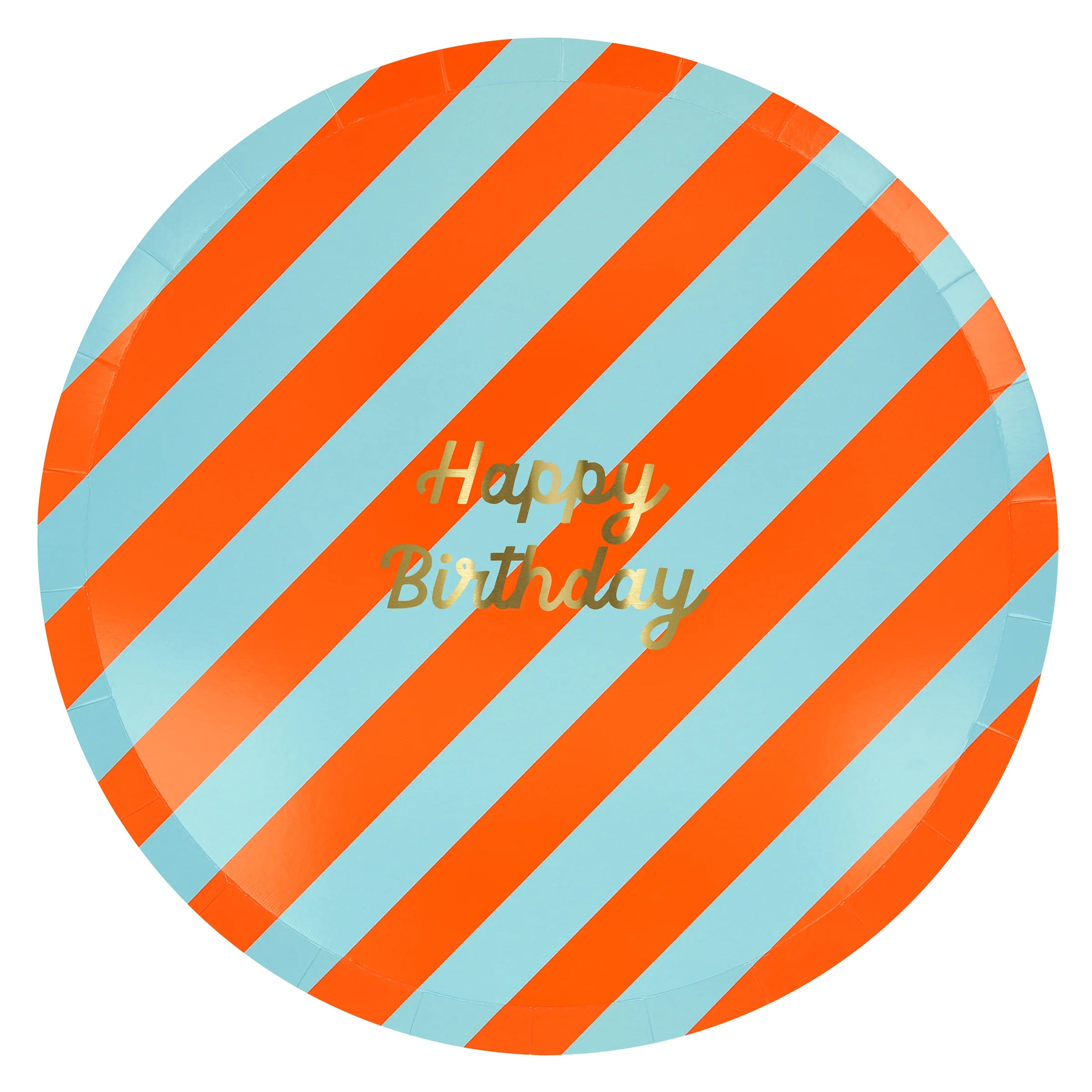 Meri Meri Stripe Happy Birthday Dinner Plate in blue and red stripes with gold lettering