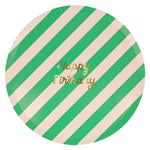 Meri Meri Stripe Happy Birthday Dinner Plate in green and peach stripes with gold lettering