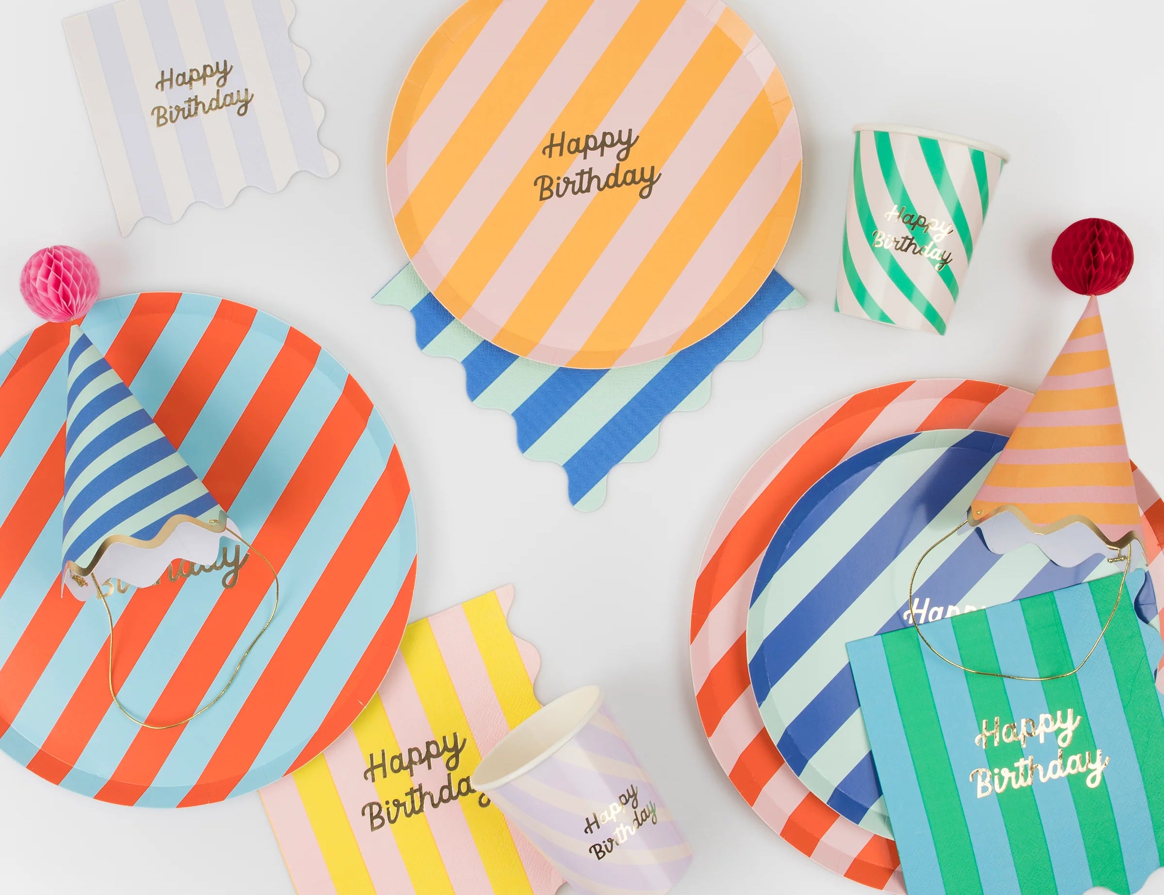 Meri Meri Stripe Happy Birthday Dinner Plates styled with striped napkins, party hats and cups