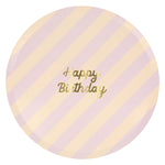 Meri Meri Stripe Happy Birthday Dinner Plate in pink and peach stripes with gold lettering