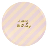 Meri Meri Stripe Happy Birthday Dinner Plate in pink and peach stripes with gold lettering
