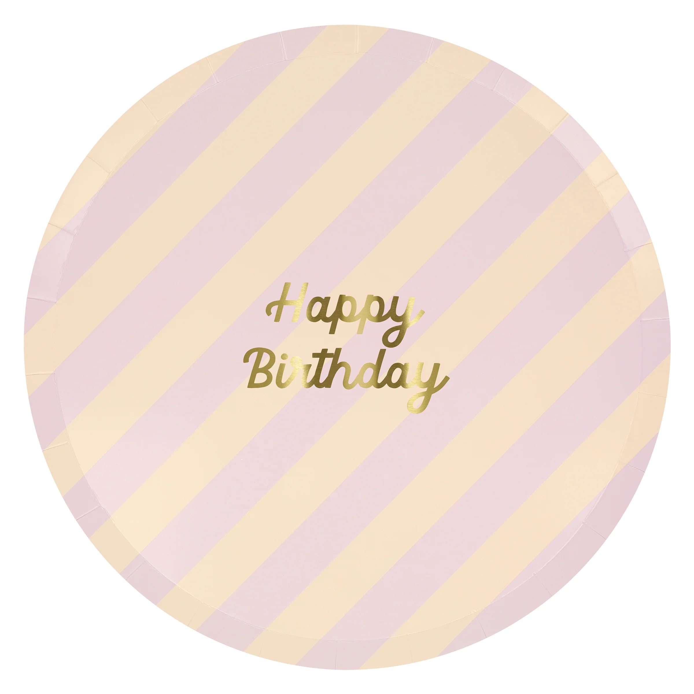 Meri Meri Stripe Happy Birthday Dinner Plate in pink and peach stripes with gold lettering
