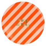 Meri Meri Stripe Happy Birthday Dinner Plate in red and peach stripes with gold lettering